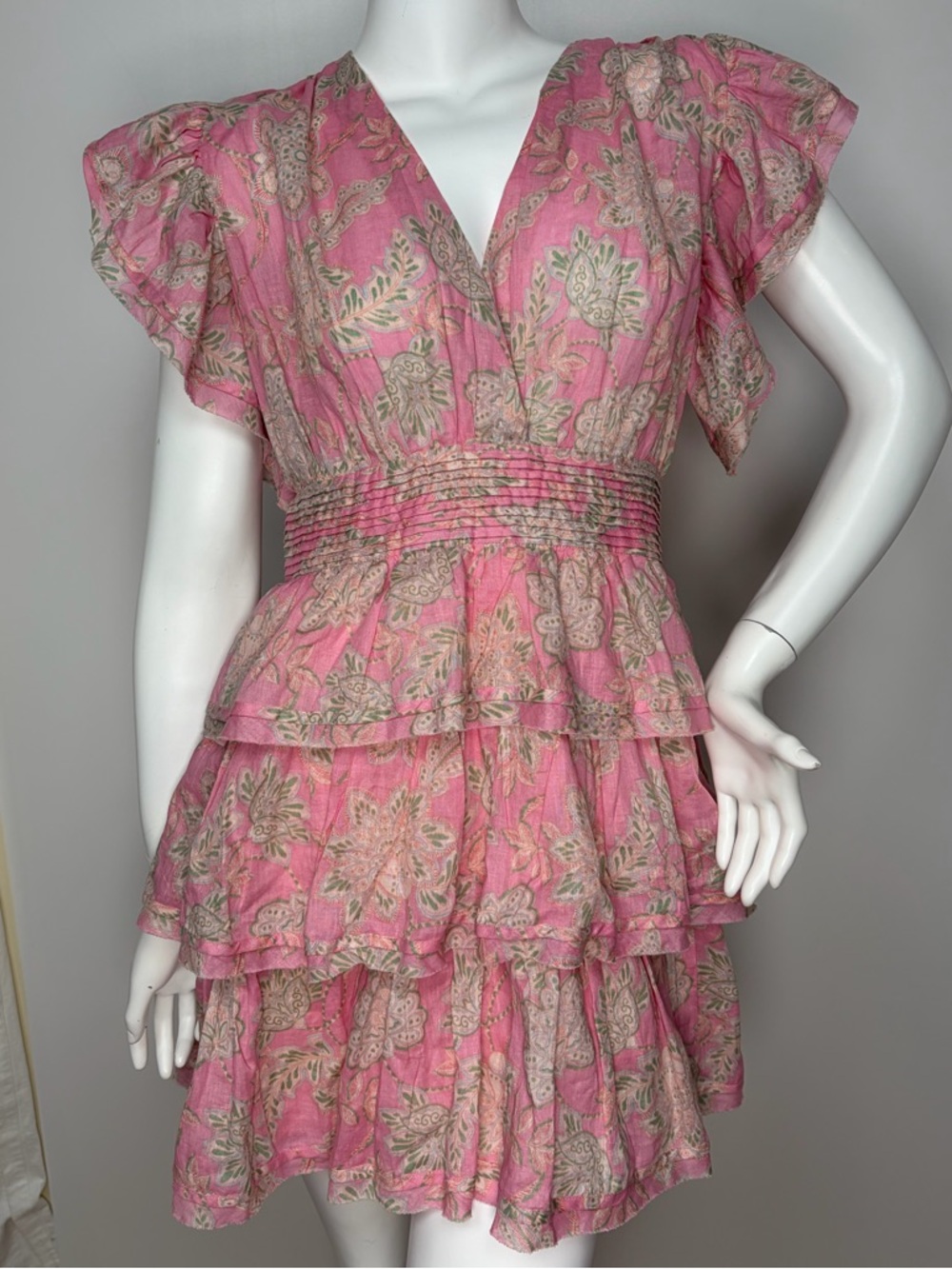 Olivaceous Kaylie Dress Pink Floral Tiered Mini Linen Cotton Boho Ruffle V-Neck